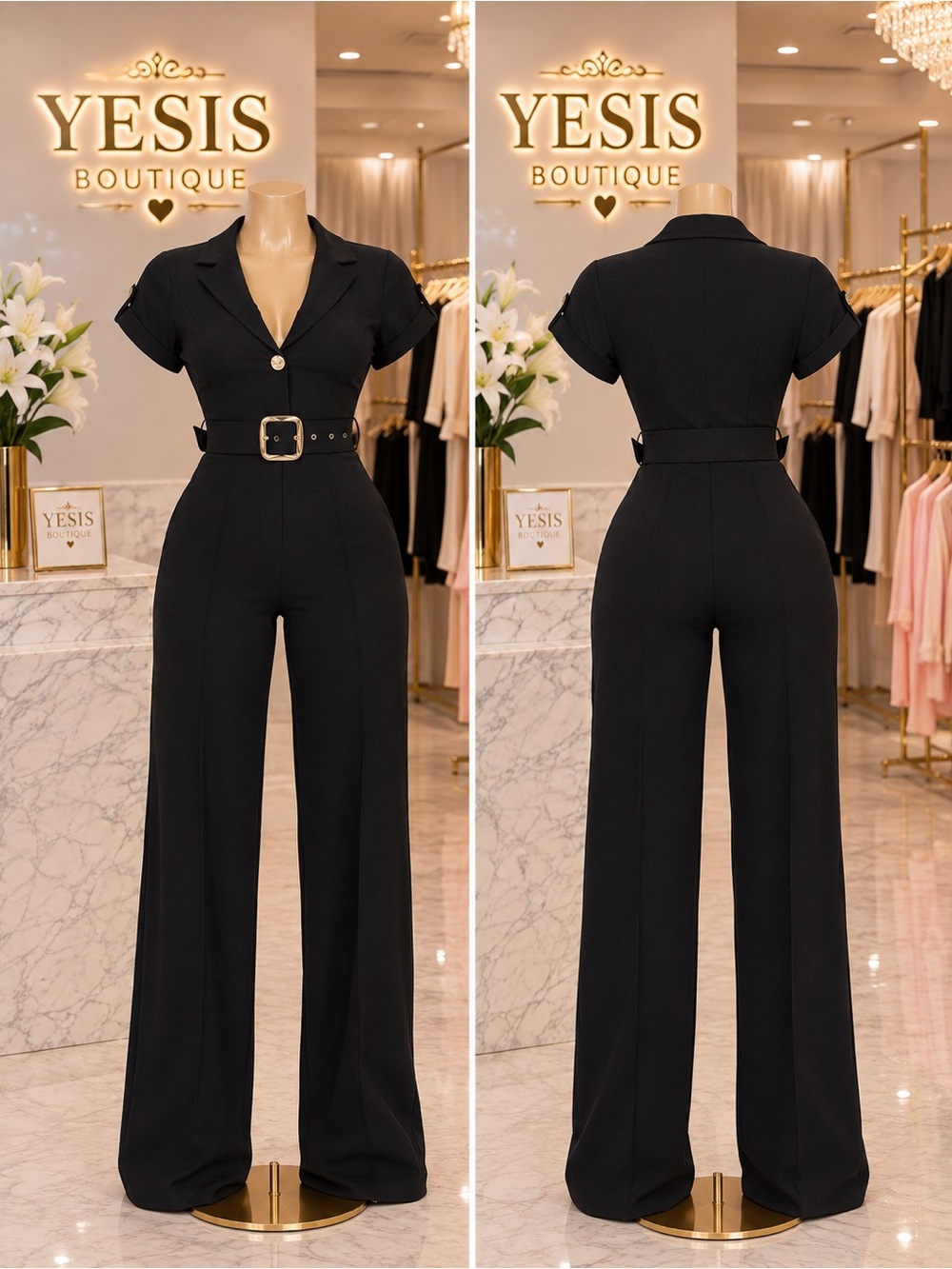 Fashion Nova Black Short-Sleeve Belted Wide-Leg Jumpsuit